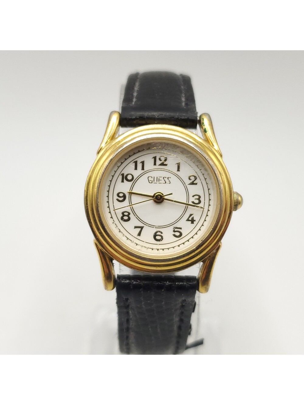Vintage 1992 Guess Womens Watch 25mm Gold Tone Black Leather Band New Battery